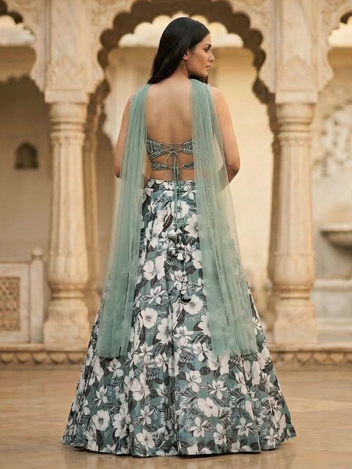 Sage green silk floral zardosi mirror lehenga choli