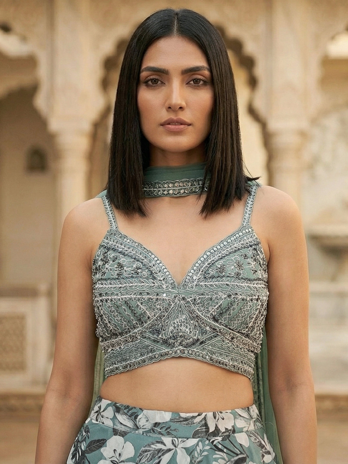 Sage green silk floral zardosi mirror lehenga choli