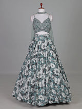 Sage green silk floral zardosi mirror lehenga choli