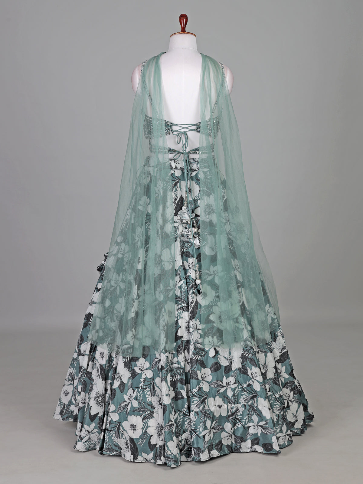 Sage green silk floral zardosi mirror lehenga choli