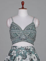 Sage green silk floral zardosi mirror lehenga choli