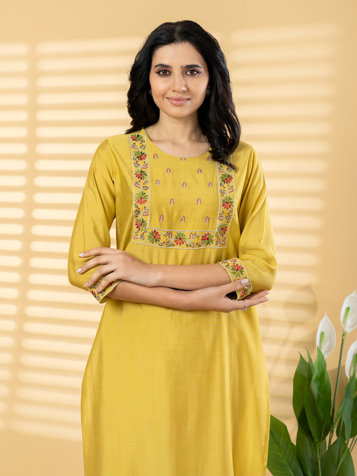 Yellow silk festive wear kurti set