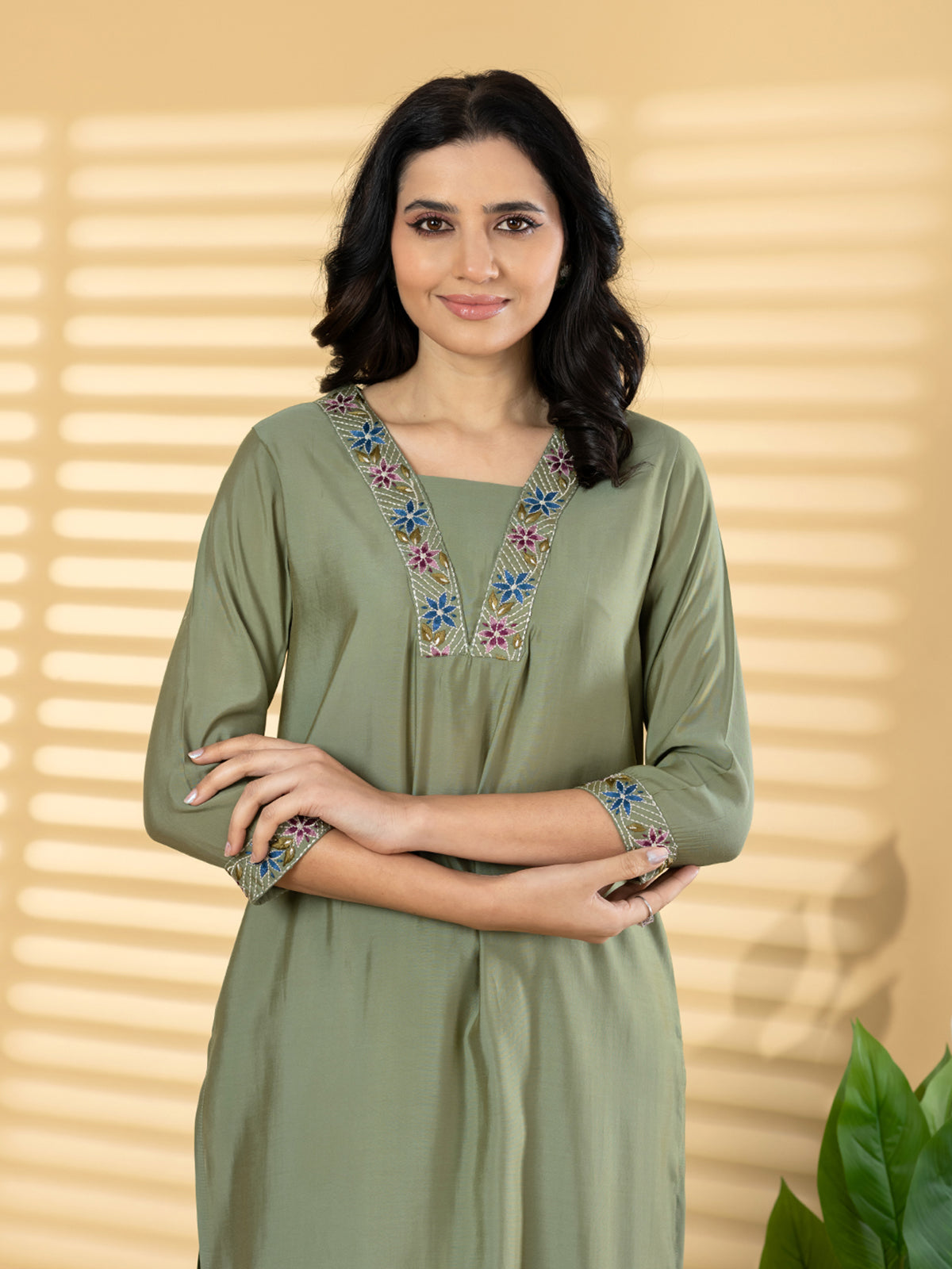 Olive green straight cut silk kurti set