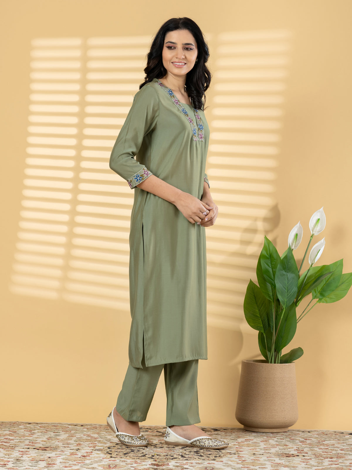 Olive green straight cut silk kurti set