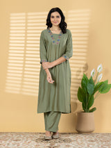 Olive green straight cut silk kurti set