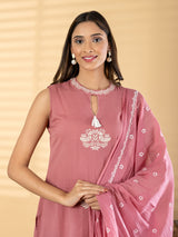 Onion pink cotton silk straight cut kurti set