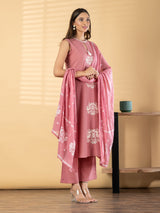 Onion pink cotton silk straight cut kurti set
