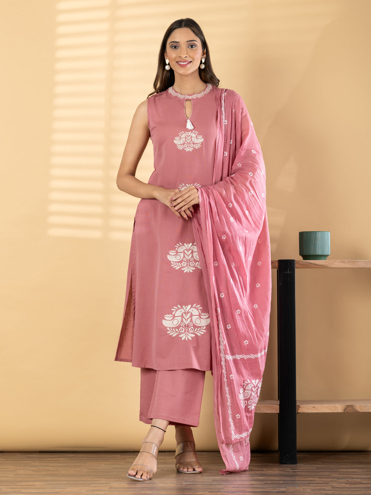 Onion pink cotton silk straight cut kurti set