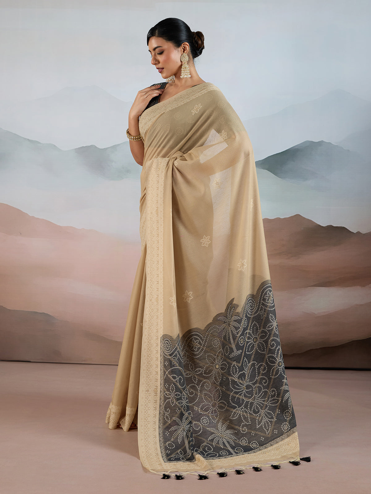 Beige bandhej inspired viscose cotton saree for festive