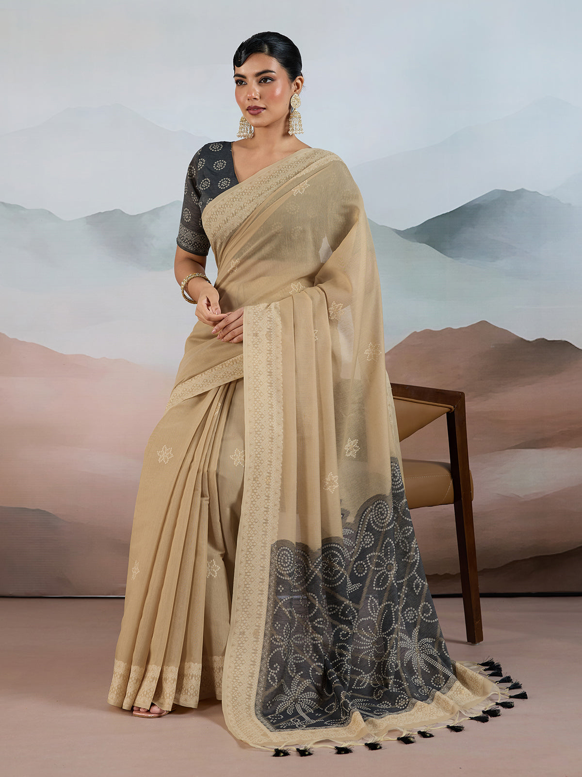 Beige bandhej inspired viscose cotton saree for festive