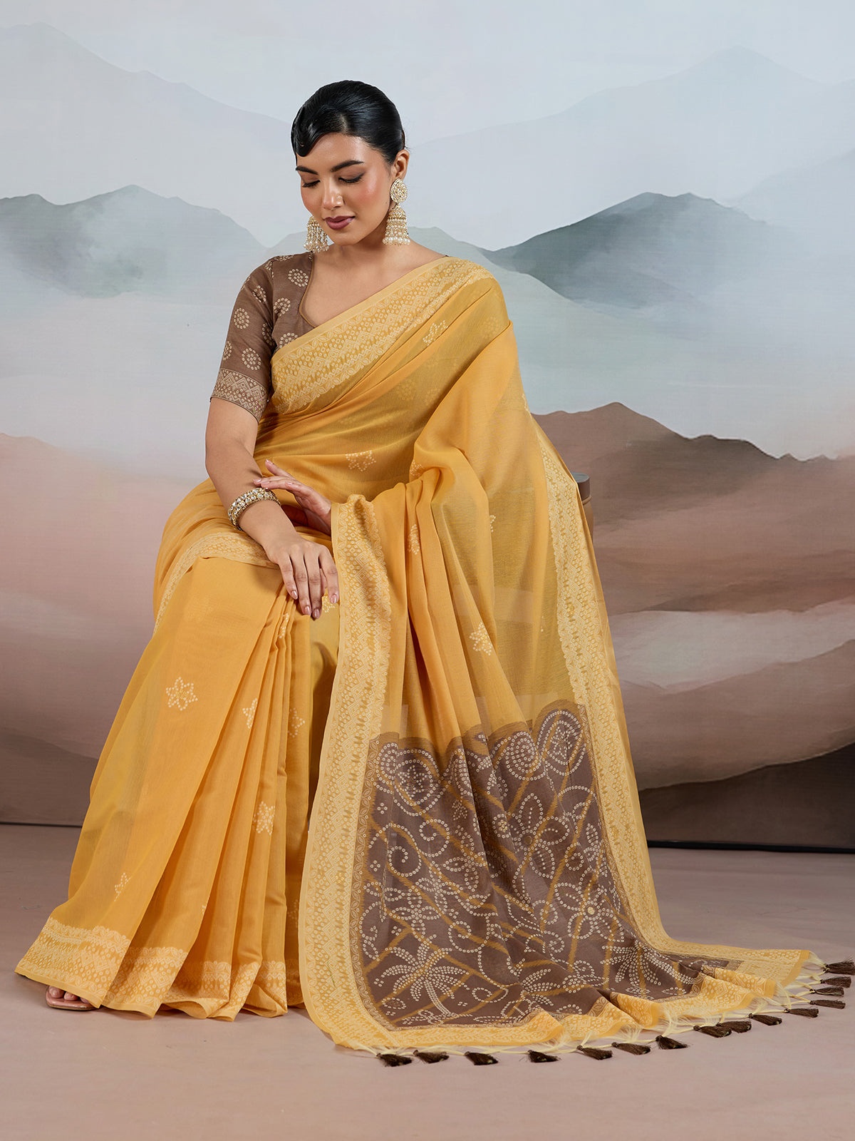 Yellow bandhej inspired viscose cotton saree