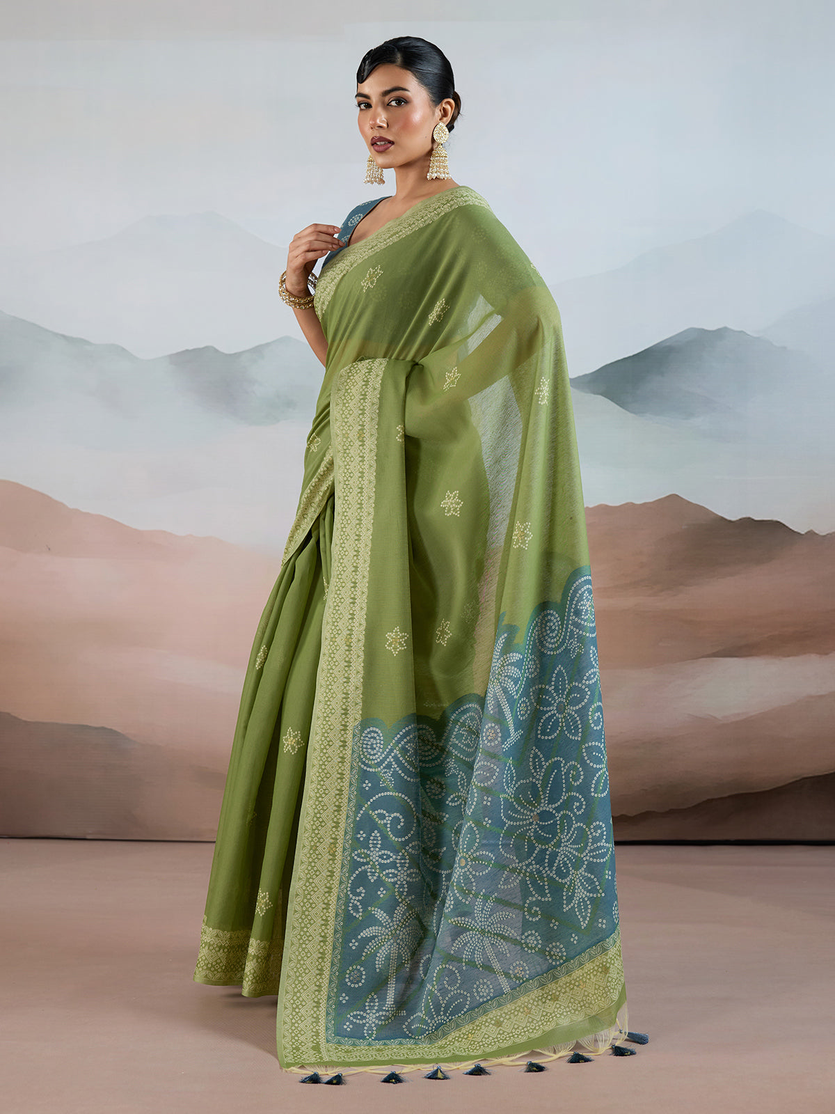 Pista green bandhej inspired viscose cotton saree