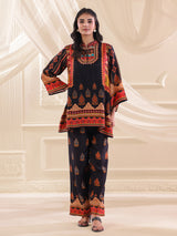 Black printed crepe silk sequins designer co ord set