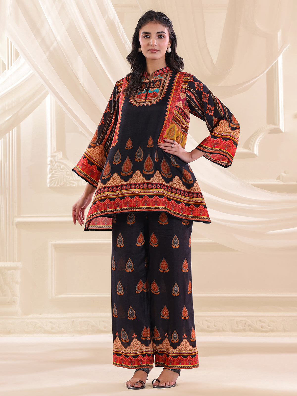 Black printed crepe silk sequins designer co ord set