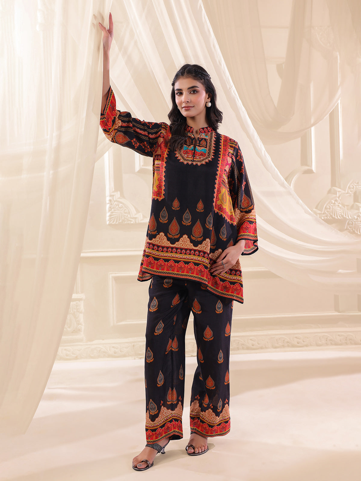 Black printed crepe silk sequins designer co ord set