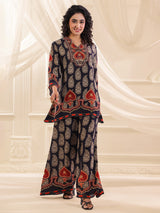 Navy printed silk embellished festive co ord set