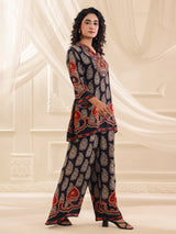 Navy printed silk embellished festive co ord set