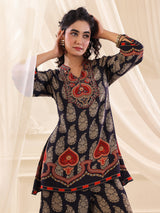 Navy printed silk embellished festive co ord set