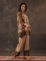 Beige printed silk sequins elegant co ord set