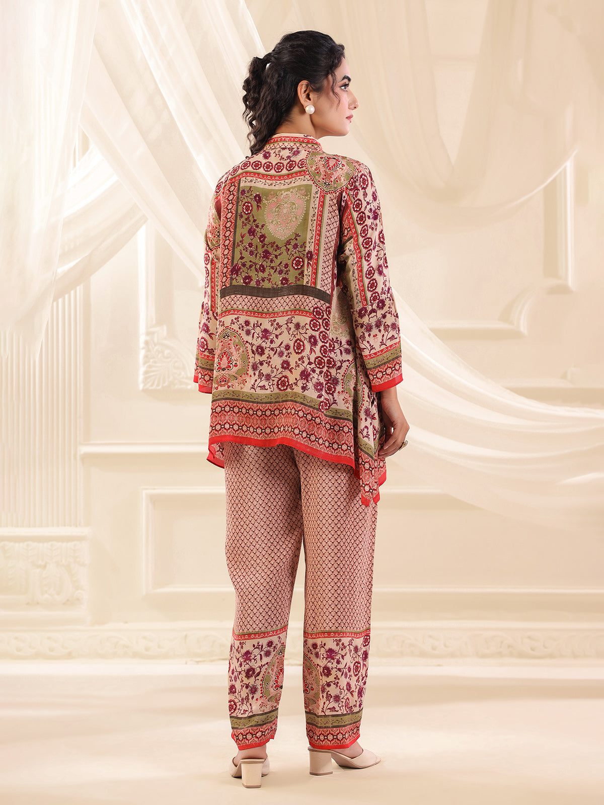 Beige printed silk collar neck co ord set