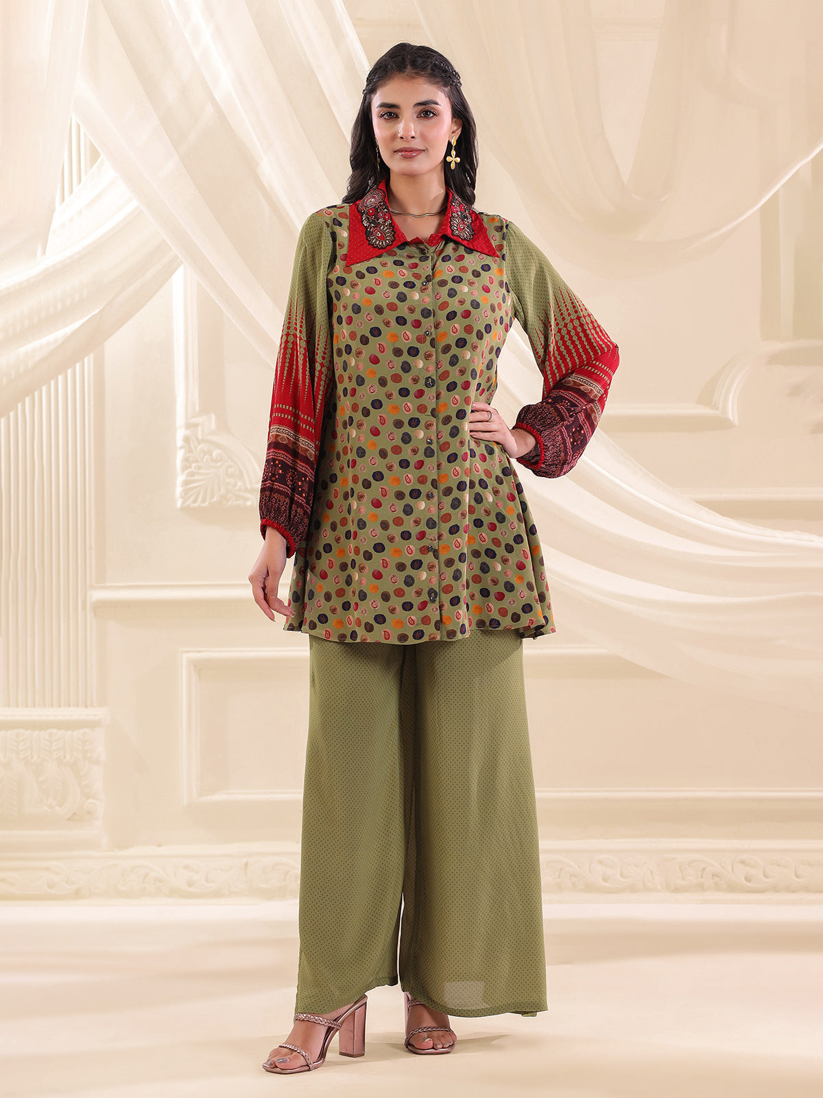 Mehendi green printed silk zardosi co ord set