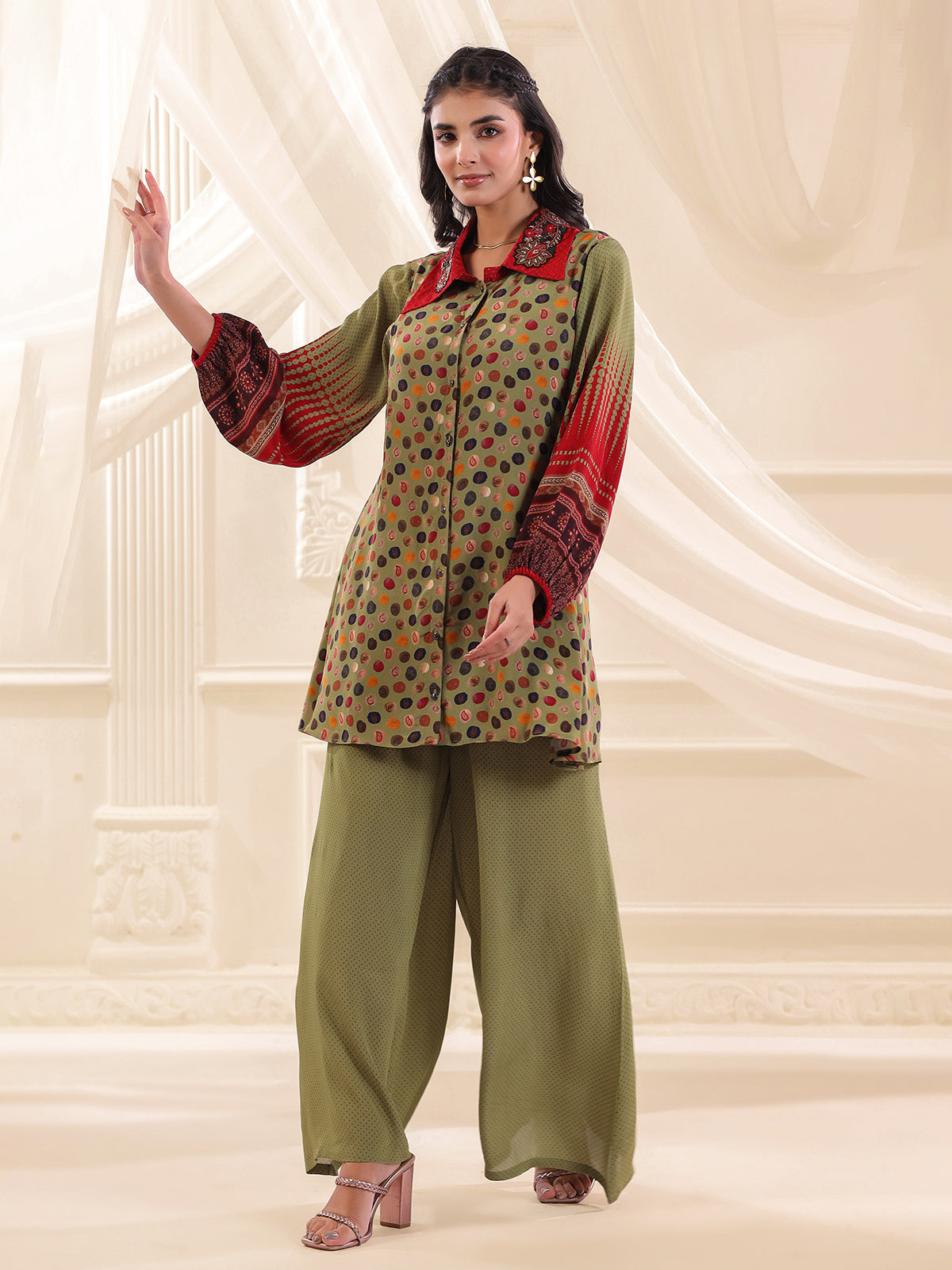Mehendi green printed silk zardosi co ord set