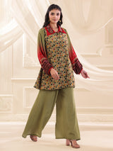 Mehendi green printed silk zardosi co ord set