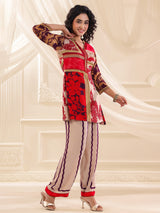 Beige red printed silk festive co ord set