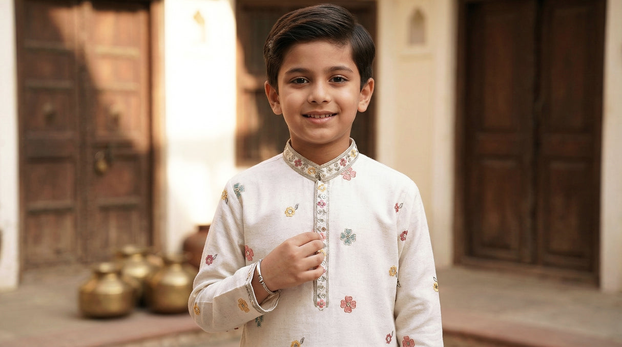 Classic off white embroidered cotton silk kurta suit
