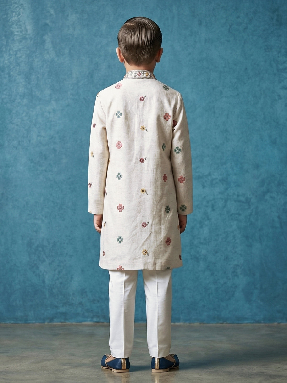 Classic off white embroidered cotton silk kurta suit