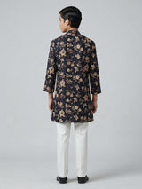 Black floral printed embroidered work kurta suit