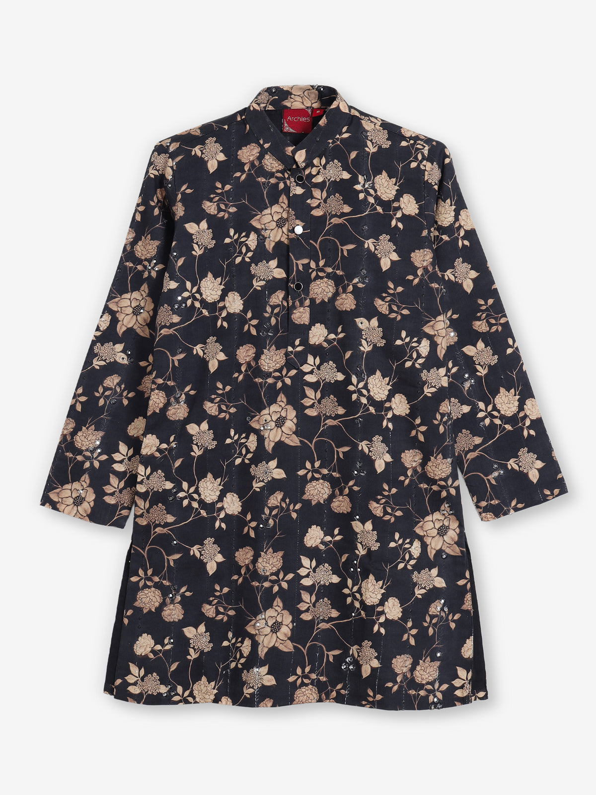 Black floral printed embroidered work kurta suit