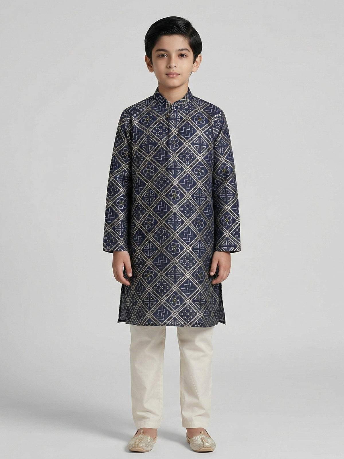 Navy blue bandhej printed zari work kurta suit