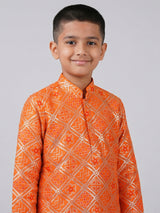 Orange bandhej printed zari work festive kurta suit