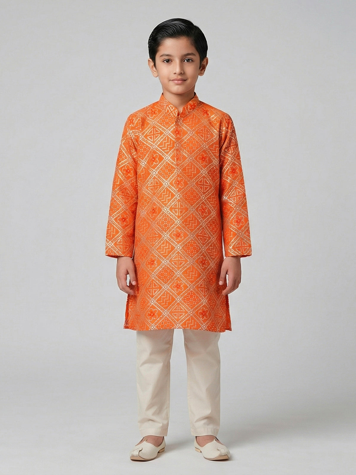 Orange bandhej printed zari work festive kurta suit