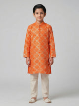 Orange bandhej printed zari work festive kurta suit