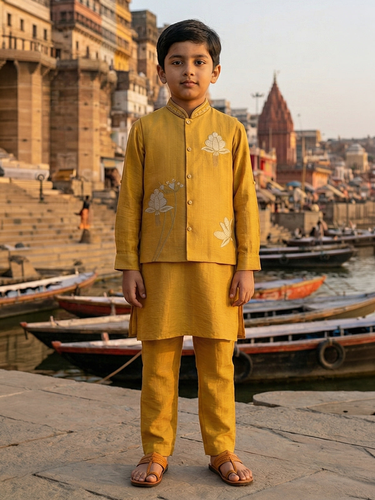 Mustard yellow silk waistcoat set for boys festive wear