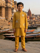 Mustard yellow silk waistcoat set for boys festive wear