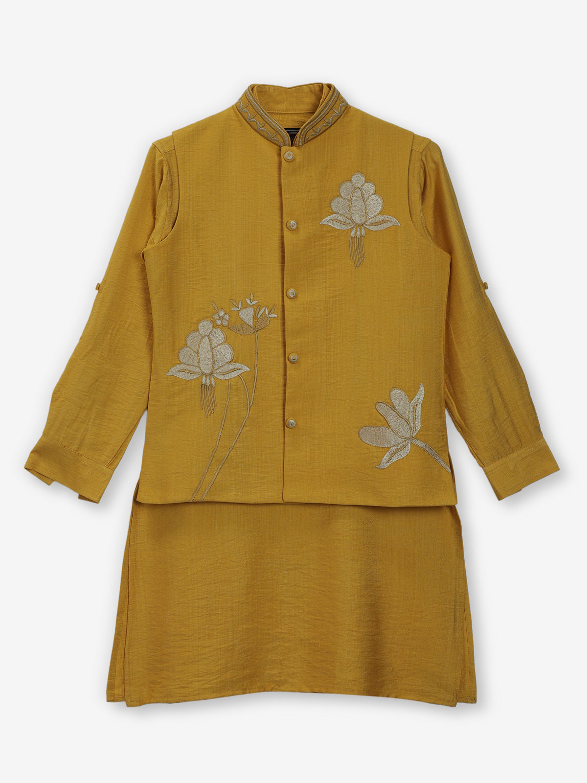 Mustard yellow silk waistcoat set for boys festive wear