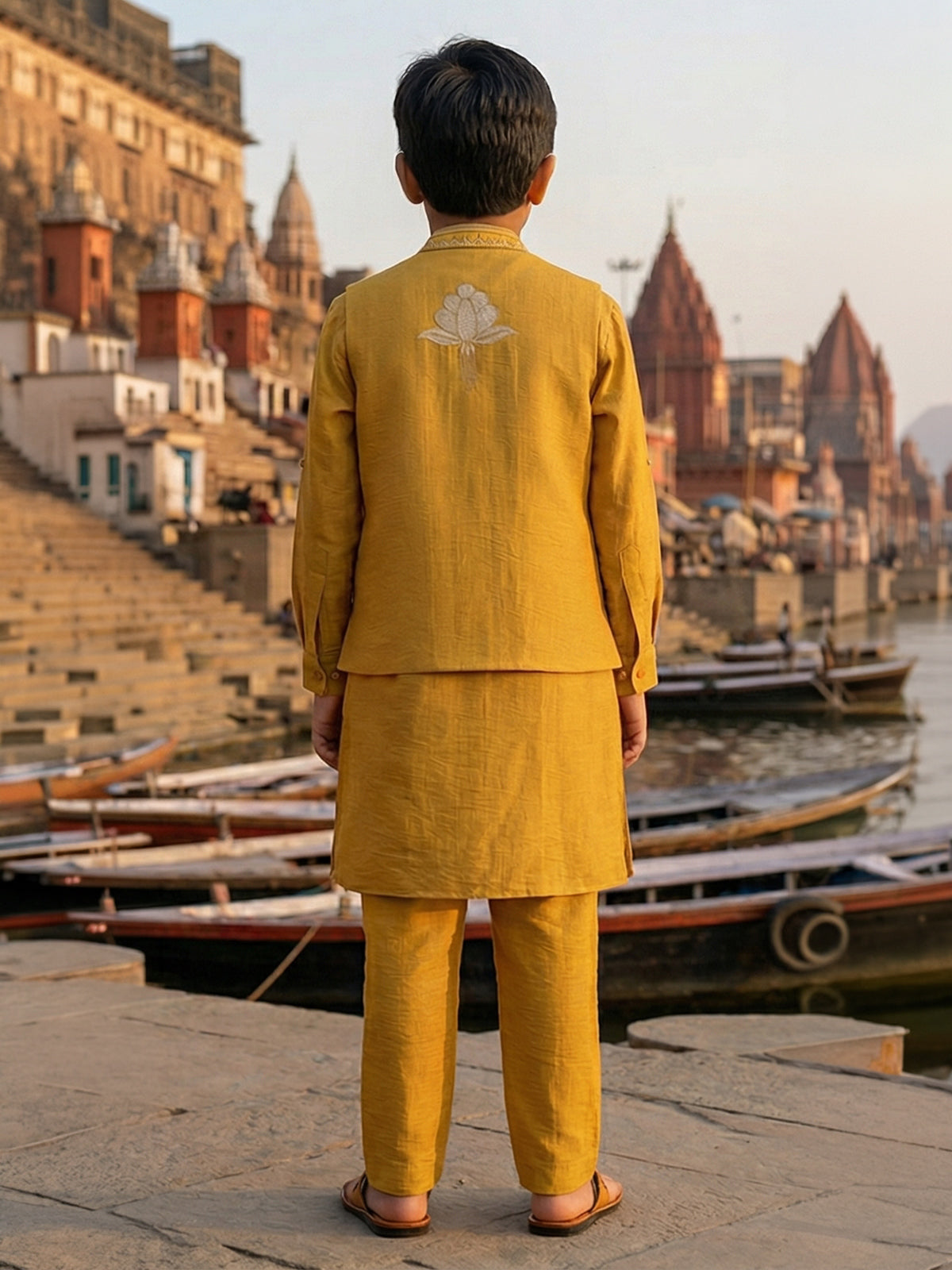Mustard yellow silk waistcoat set for boys festive wear