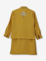 Mustard yellow silk waistcoat set for boys festive wear