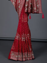 Red bandhej silk gota and zari festive saree ensemble
