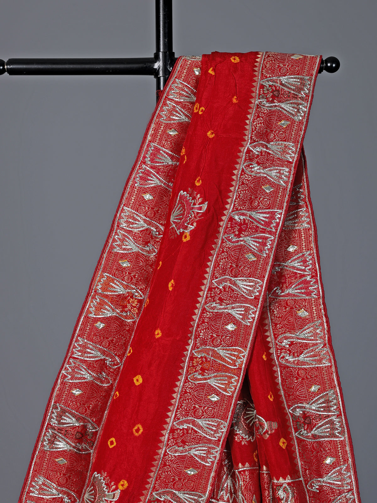 Red bandhej silk printed gota and zari festive saree
