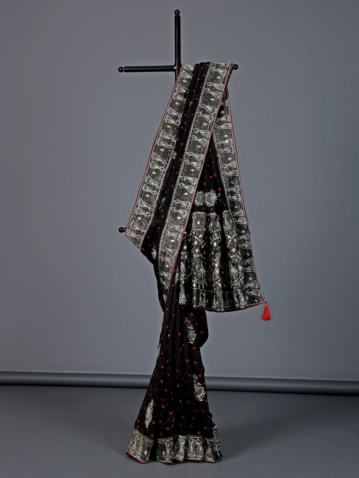 Black bandhej silk printed gota and zari saree