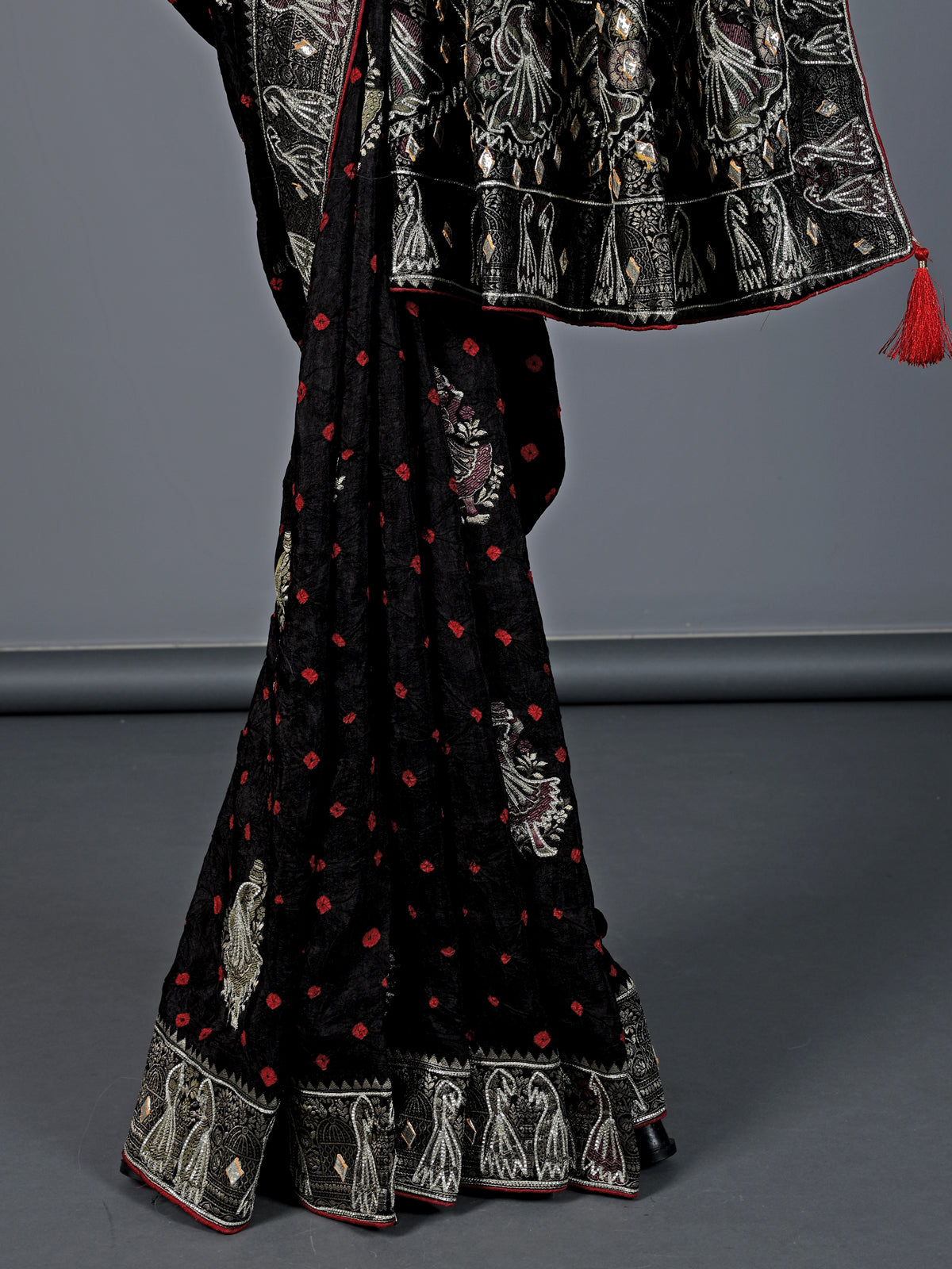Black bandhej silk printed gota and zari saree