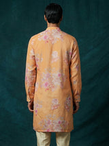 Bright peach cotton linen floral printed festive kurta