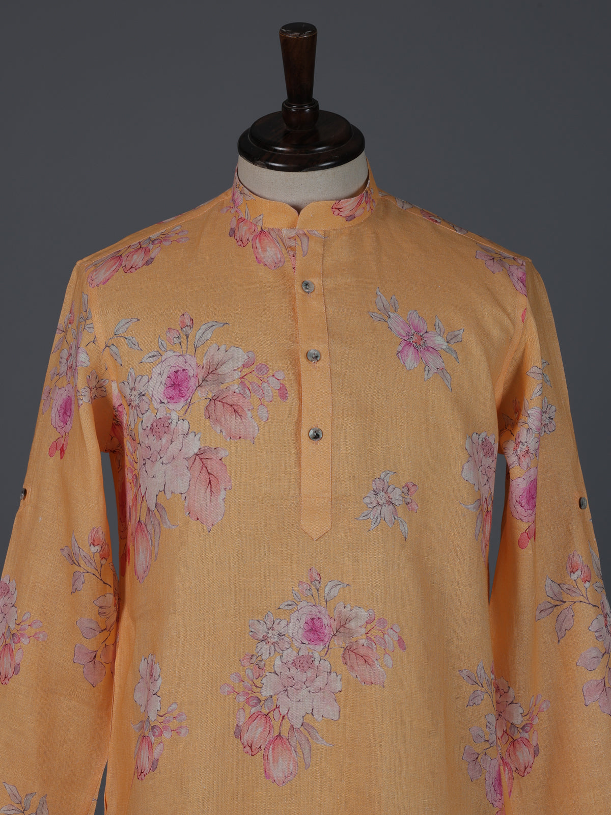 Bright peach cotton linen floral printed festive kurta