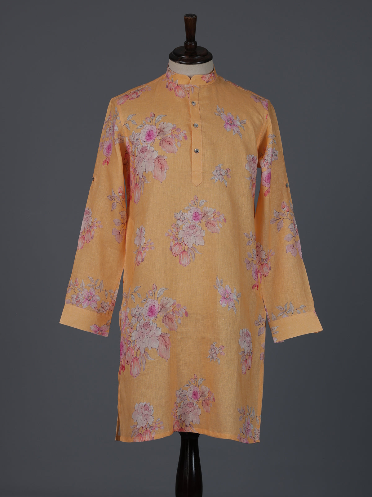 Bright peach cotton linen floral printed festive kurta