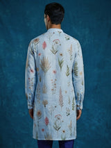 Sky blue cotton linen floral printed festive kurta