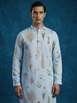 Sky blue cotton linen floral printed festive kurta